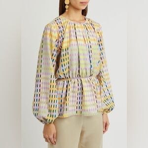 Stine Goya Karin Techno Check Blouse – Graphic Pastel, Sculpted Waist (XS, NWT)